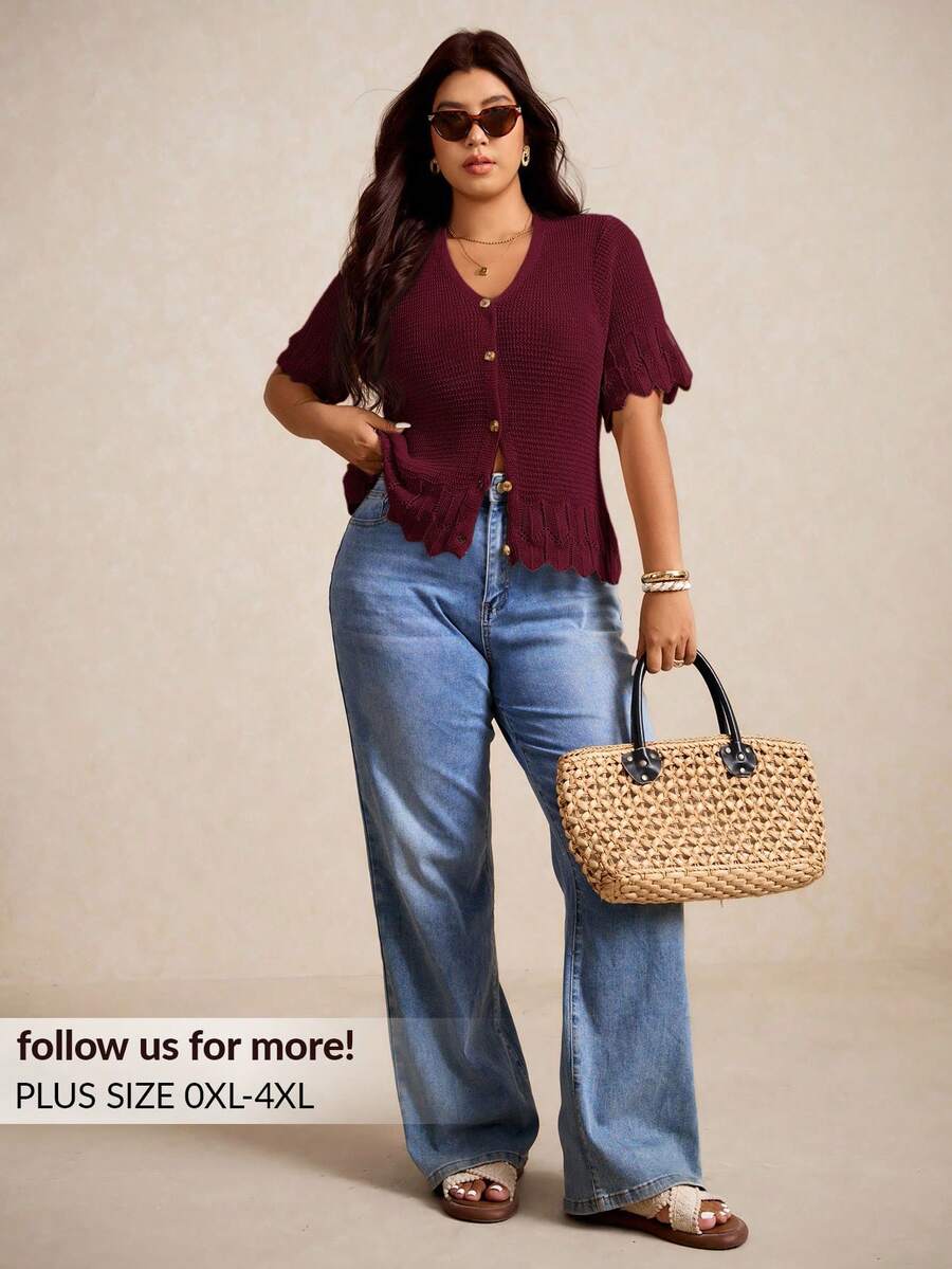 Elaquor 大码休闲纯色短袖开衫系带上衣加大码女式秋冬装