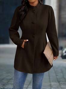 SHEIN PETITE CURVE 大码女式优雅立领带口袋大衣 - 咖啡棕 - 查看 4