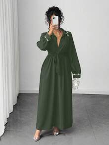Elenzga Vestido elegante de talla grande con decoración de perlas y rhinestones para uso diario - Verde militar - Ver 3
