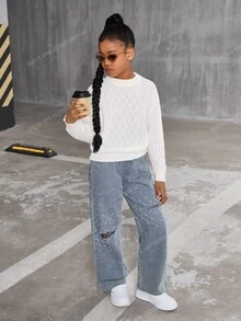 SHEIN Sweater Rajut Longgar Kasual Lengan Panjang Kerah Bulat Motif Geometris untuk Anak Perempuan Remaja, Musim Gugur/Dingin - Putih - View 4