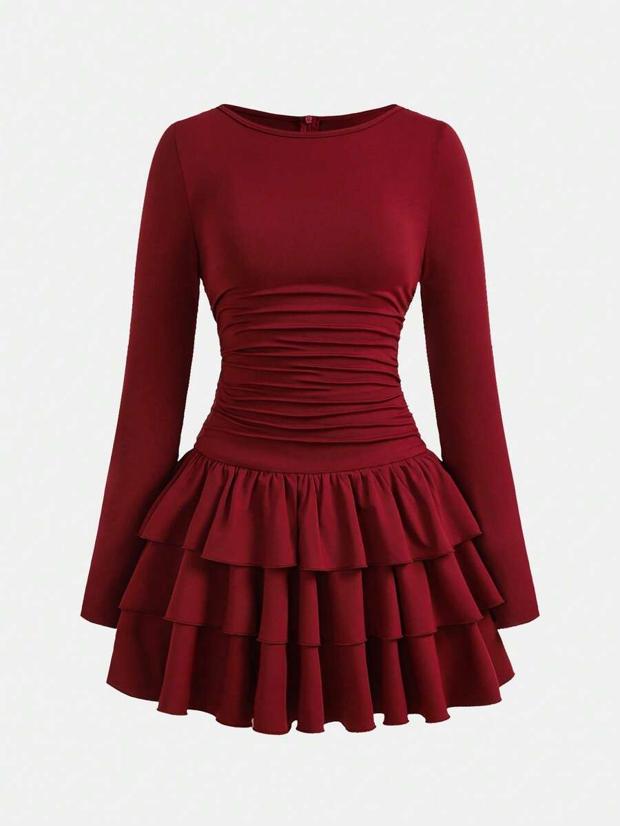 SHEIN Girlism 少女酒红色高领长袖修身伞裙，休闲款 - 酒紅色 - 查看 1
