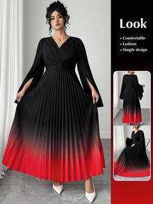 Elenzga Plus Size V-Neck Printed Pleated A-Line Dress - Black - View 1