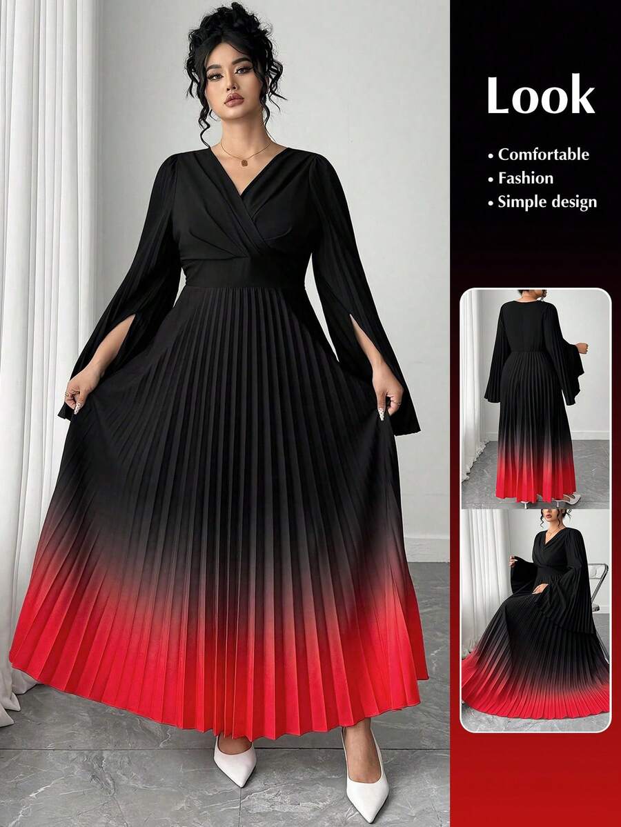 Elenzga Plus Size V-Neck Printed Pleated A-Line Dress - Black - View 1