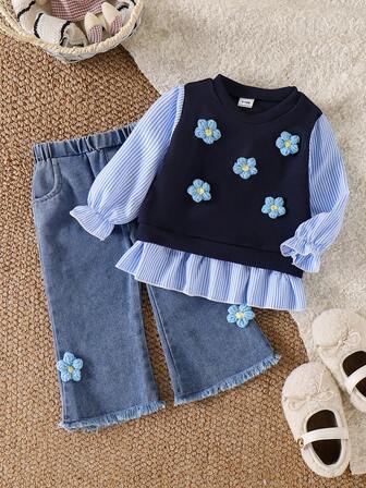 SHEIN Conjunto de camiseta de manga larga con decoración floral dulce y linda, con rayas y empalmes, y pantalones vaqueros para niñas pequeñas