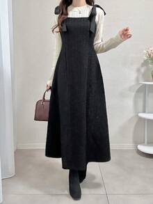 FRIFUL Women's Solid Color Shoulder Tie Cinched Waist Flared Hem Fitted Casual Dress, Autumn/Winter