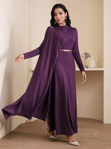 Veilorie Women's Solid Color Stand Collar Long Sleeve Ruffle Elegant Arabic Dress - Red - View 6