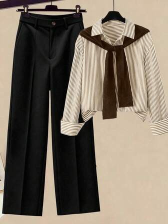 Écloséra 女士条纹披肩领衬衫和高腰阔腿裤两件套，春秋季