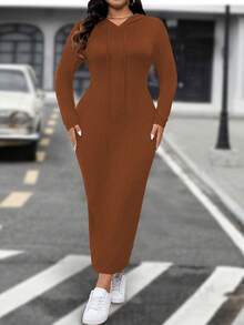 SHEIN LUNE 大码纯色长袖休闲修身长连衣裙女装 - 紅木色 - 查看 5