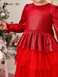 Glamorique Kids Girls' Elegant Long Sleeve Party Dress With Metallic Splicing, Mesh Design And 3D Bow Decor, Suitable For Autumn/Winter