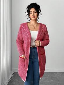 EMERY ROSE Plus Size Stylish High-End Jacquard Contrast Color Wool Cardigan - Burgundy - View 3