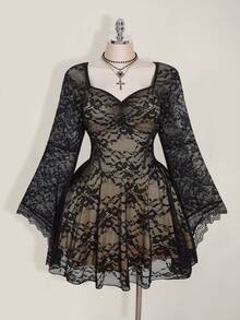 SHEIN ICON Váy xòe tay loe cổ vuông ren nhún cỡ lớn màu tương phản, váy dự tiệc Y2K, trang phục Halloween, phù thủy - Nhiều màu - Xem 3