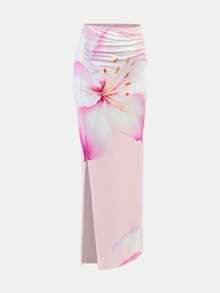 SHEIN Teen Girl Tropical Print Backless Maxi Dress 2 Pieces Set, Pink