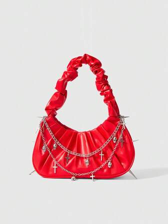 Grunge Punk 1pc Punk Cross Studded Skull Prints Ruffle Cloud Design Women Shoulder/Underarm Handbag, Versatile Dark Style, Halloween Bags Perfect For Fancy Party Matching With Halloween Costumes