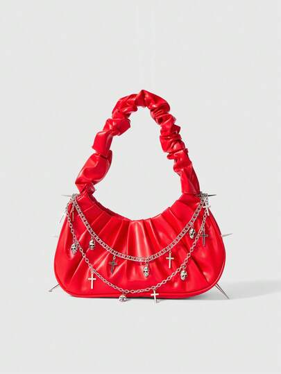 Grunge Punk 1pc Punk Cross Studded Skull Prints Ruffle Cloud Design Women Shoulder/Underarm Handbag, Versatile Dark Style, Halloween Bags Perfect For Fancy Party Matching With Halloween Costumes