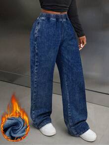 SHEIN Tall Jeans de mezclilla lavados de pierna recta con cintura elástica informal - Azul lavado oscuro - Ver 7