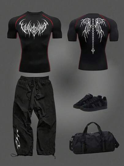 Manfinity Sport Corelite 2pcs Men's Contrast Color Print Short Sleeve T-Shirt And Pants Sports Suit Breathable Lightweight Sweat-Wicking Minimalist Design Colour Block Stretch Woven Short Tracksuit Slim Fit For Workout Gym Tracksuit Gym Outfit