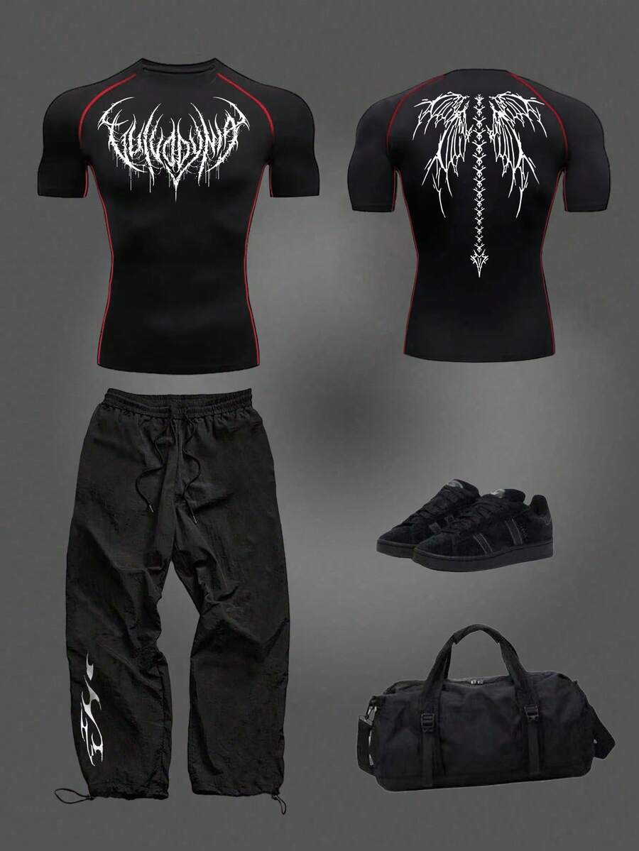 Manfinity Sport Corelite 2件套男士撞色印花短袖T恤和裤子运动套装 - 黑色 - 查看 1