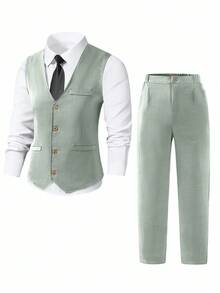 SHEIN 两件套青少年男士绅士套装，藏蓝色修身马甲+纹理长裤，优雅正式西装，适合生日、婚礼、婚礼宾客、花童、戒指童、返校等场合。 - 薄荷綠 - 查看 4