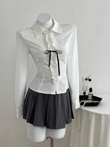 Elamini Bộ 2 trang phục thu đông cho nữ, áo vest dài tay và áo cánh có nơ và viền bèo nhún - Xám - Xem 6