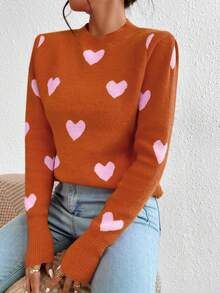 LanaWest Heart Jacquard Crew Neck Casual Long Sleeve Women Sweater, Suitable For Autumn/Winter - Orange - View 6
