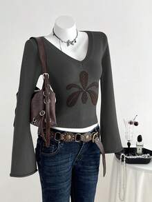 Elamini 1 قطعة كنزة صوفية نسائية، بنفسجي، خريف/شتاء، تصميم أنيق بياقة على شكل حرف V مزخرف بالزهور، تصميم ألوان متباينة، أكمام واسعة، محبوكة مرنة، كاجوال - رمادي غامق - مشاهدة 4