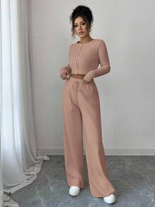 Modelyn Women's Elegant Solid Color Ribbed Knit Sweater And Wide Leg Pants 2 Pieces Set, Autumn - Dusty Pink - View 3