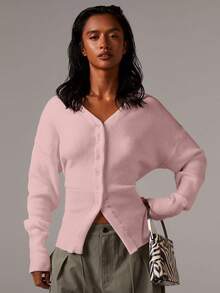 Athîral 女士优质束腰针织开衫女士开衫纽扣开衫薄款开衫V领开衫短款开衫秋冬白色开衫 - 淺粉色 - 查看 4