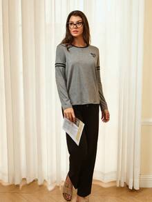 SHEIN 极简运动风长袖上衣和裤子女士睡衣套装，冬季服装 - 彩色 - 查看 3