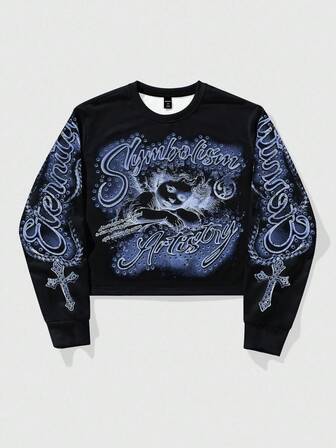 Street Life Sudadera de cuello redondo de manga larga con estampado de letras y cruces, informal, para otoño