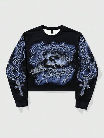 Street Life Men's Casual Letter & Cross Print Crew Neck Long Sleeve Pullover Sweatshirt, Autumn