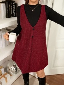 Lounesse 2pcs/Set Plus Size Women Casual Fitted Long Sleeve Red Top And Dress, Autumn Red Vest Dress Sweater Vest For Women