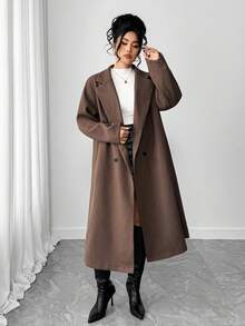 Elenzga Plus Size Solid Color Double-Breasted Woolen Coat, Fashionable For Commuting, Autumn/Winter
