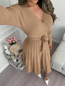 Xyvia Váy len dệt kim tay dài màu trơn cổ chữ V ôm sát thanh lịch dành cho nữ, mùa thu/đông - Màu Khaki - Xem 3