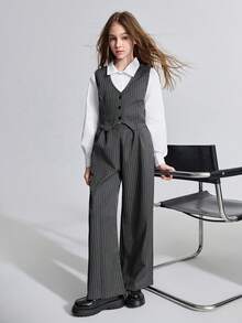 Ontre Tween Girl Striped Vest, Collared Long Sleeve Shirt, And Striped Pants Set Fall Winter - Grey - View 1
