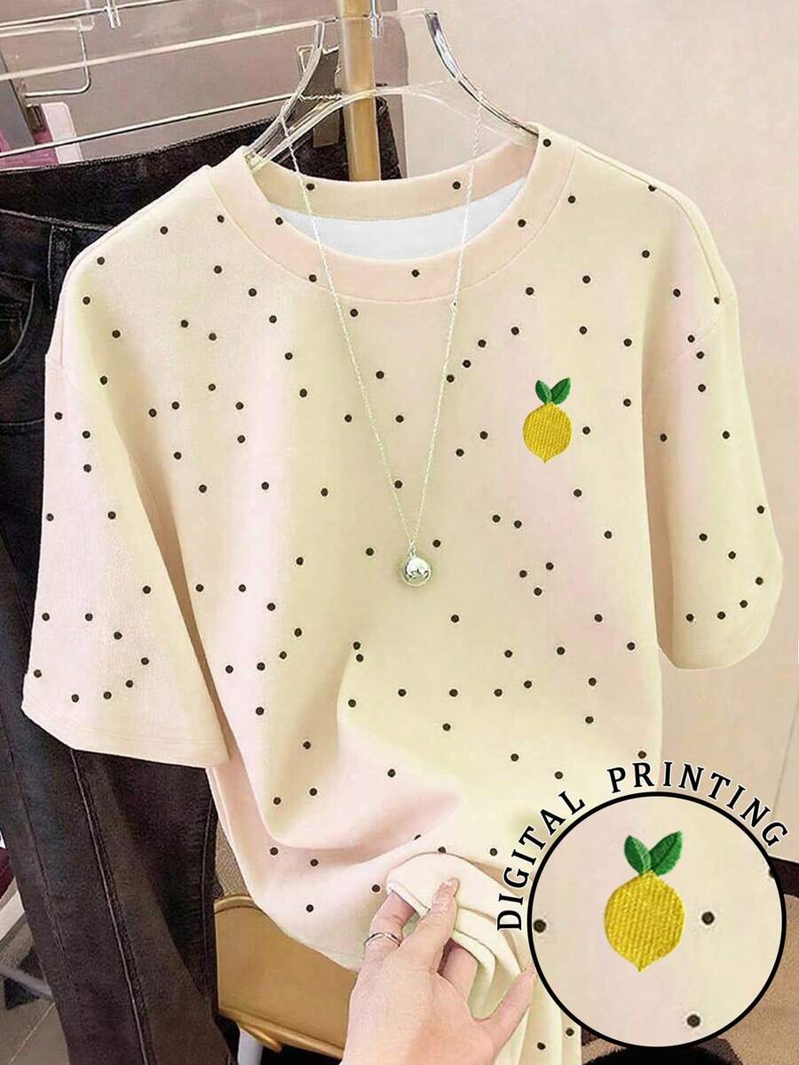 SHEIN Áo thun nữ cổ tròn tay ngắn họa tiết chấm bi thêu hoa quả - trắng - Xem 1