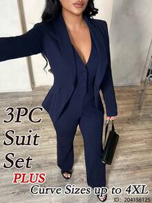 SHEIN SXY Plus Size Women 3-Piece Set: Long Sleeve Blazer, Camisole, And Pants, Sexy Outfit For Commute And Date, Deep Blue Autumn Winter Clothes For Women - Navy Blue - View 9