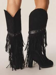 Styleloop Women's Geometric Tassel & Rivet Decor Side Zipper Round Toe Chunky Heel Winter Faux Suede Tall Boots, Suitable For Music Festivals, Halloween, Christmas, And Parties - Black - View 4
