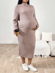 SHEIN Fall Clothes,Autumn Clothes,Materity Autumn Clothes Maternity   Maternity Plus Size Solid Color Stand Collar Long Sleeve Ribbed Fitted Casual Dress Pregnant Clothes Pregnant Dress Maternity Dress Maternity Clothes Maternity Clothes Fall Winter Dress For Pregnant Women Long Sleeve Maternity Dress Pregnant Outfits - Pink - View 6