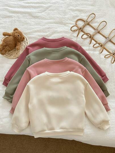 LMoss Kids LMoss 4pcs Young Girl Solid Color Embroidered Crew Neck Casual Sweatshirt Set, Cute Sweatshirt, Girl Sweatshirts, Girl Clothes Autumn And Winter Clothes, Small Girls Long Sleeves Clothes, Pull, Cozy Fall & Winter Styles, Long Sleeve Tops