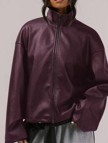 MUSERA Oversized High Neck Faux Leather Full Zip Up Jacket Night Out Winter Outerwear - Burgundy - View 2