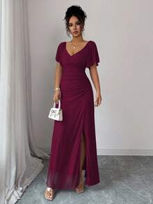 Elenzga Women's Light Purple V-Neck Ruffle Sleeve Pleated Waist Split Dress, Elegant Bridesmaid Dress, Party Gown, Spring/Summer - Burgundy - View 4