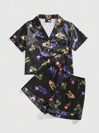 Teletubbies X ROMWE Women's Cute Cartoon Print Short Sleeve Top And Shorts Pajama Set, Summer