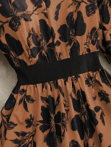 Franclia Váy họa tiết hoa màu mơ cổ chữ V tối giản thời trang có viền đen ở cổ, tay áo và eo, váy dài tay vừa phải dành cho nữ vào mùa thu/đông - Lạc đà - Xem 4