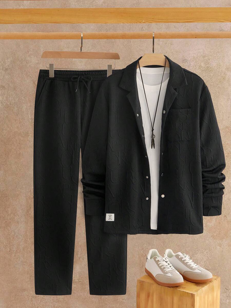 Manfinity VCAY Men's Solid Color Long Sleeve Front Button Textured Casual Shirt Set,High Stretch - Black - View 1