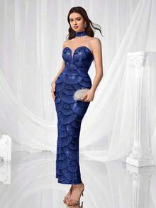 Coutiva 性感露肩吊带腰部镂空珍珠亮片派对连衣裙，适合约会、生日派对、音乐节、聚会、复活节等场合。 - 寶藍色 - 查看 4