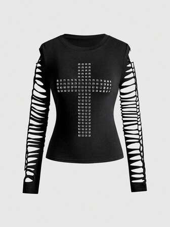 Grunge Punk Y2K Punk Kpop Cross Rivet Design Sleeve Burnout Hollow Out Fitted Long Sleeve T-Shirt, Solid Color Versatile