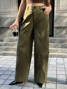 Chiquease Women's Straight Leg Multi-Pocket Cargo Pants - Army Green - View 5