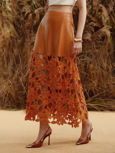 Arave Women's Solid Color Hollow Out Elegant PU Contrast Lace Midi Skirt