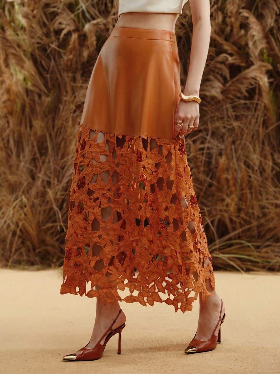 Arave Women's Solid Color Hollow Out Elegant PU Contrast Lace Midi Skirt