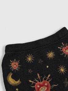 ROMWE Goth 仙女神秘女巫风格太阳、月亮、星星、心、眼睛刺绣撞色低腰毛衣和裙子套装 - 黑色 - 查看 3
